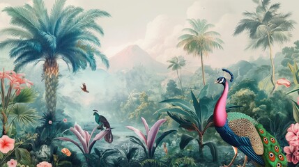 Enchanted Jungle Wallpaper with Peacocks and Ferrets A whimsical rainforest scene featuring pastel-toned palm trees, blossoming flowers, and misty mountains.