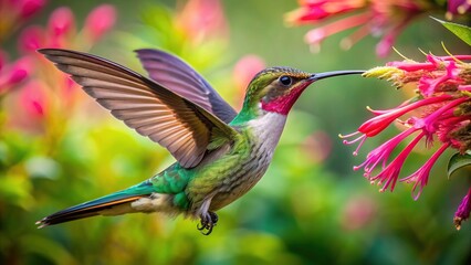 Fototapeta premium Vibrant hummingbird with iridescent feathers hovers in mid-air, its long beak sipping sweet nectar from a delicate, pink, trumpet-shaped flower in a lush green garden.