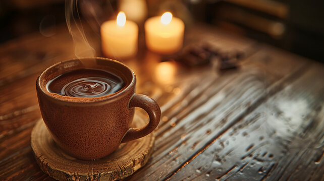 Ceremonial cacao cup on wooden table. Generative by AI