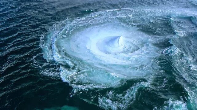 A dramatic ocean whirlpool swirling in the deep sea or ocean, showcasing the raw power and dynamic movement of water in nature