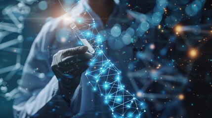 Depiction of science and medical research with scientists or healthcare researchers holding test tubes and analyzing DNA gene transfer and gene therapy data for disease treatment and