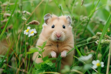 Fototapeta premium A small, golden hamster stands on its hind legs, surrounded by green grass and small white flowers. Its curious eyes gaze directly at the camera