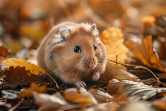 A small, brown field hamster sits amongst a bed of vibrant golden autumn leaves