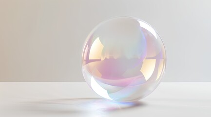 A transparent glass sphere, with its interior reflecting colorful light, is placed on an empty white table top. The sphere has delicate edges and a rounded shape