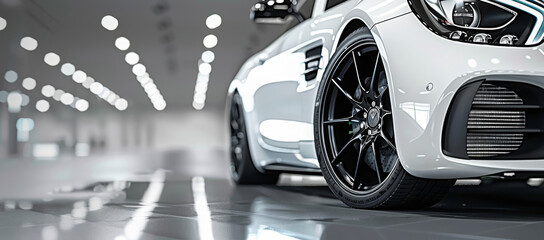 Front view of a modern hybrid car close up on a white background