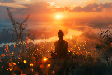 A person meditating in nature at sunset, surrounded by glowing plants and serene scenery, promoting peace and mindfulness.