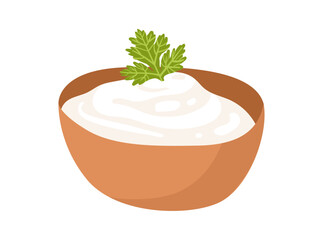 Milk product, georgian matsoni in flat style. Yogurt or sour cream with cilantro or parsley. Vector illustration isolated on white background