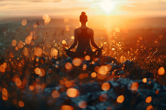 Serene yoga practice at sunrise in a field, capturing the tranquility of nature and the meditative state of mind.