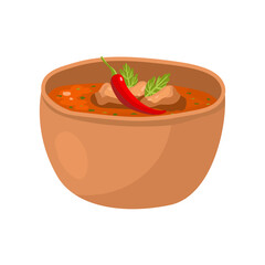 traditional Georgian soup Kharcho with a red pepper pod in flat style. Vector illustration isolated on white background