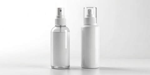 Isolated white plastic spray bottle mockup with small liquid container and atomizer pump, empty label space, on a clean white background, 3D rendered image.