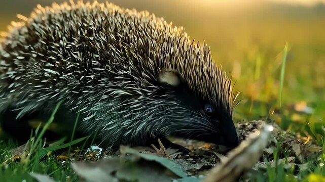 A hedgehog gathering leaves and twigs to build its nest for winter. Early morning light