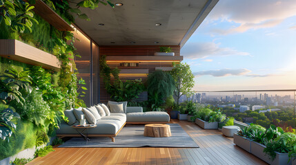 Fototapeta premium interior design concept condominium penthouse living area with wooden balcony and stunning view of city garden beautiful sky 