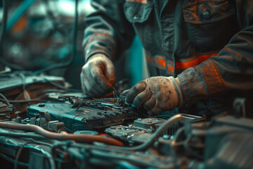 hands of an expert mechanic working meticulously on a car battery in an auto repair service, highlighting the precision and care taken during the maintenance process. Ideal for aut