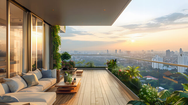 interior design concept condominium penthouse living area with wooden balcony and stunning view of city garden beautiful sky	