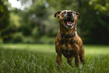 A brown dog with a black collar stands in a green grassy park, barking aggressively with its mouth wide open