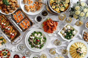 elegant gourmet European buffet from an overhead perspective, featuring an array of exquisite foods and drinks beautifully arranged on a full table. Perfect for fine dining restaur