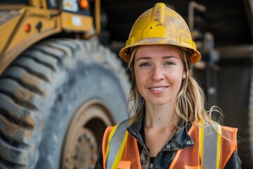 A young woman wearing a hard hat and safety vest confidently stands in front of a large construction vehicle. The vehicle is blurred in the background, with the woman in focus