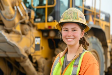 A young woman stands confidently in front of a large piece of construction equipment, wearing a hard hat and safety vest