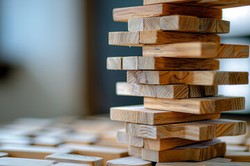 Close-up of a Jenga game tower being carefully built, symbolizing strategic business development and growth success. business Photo