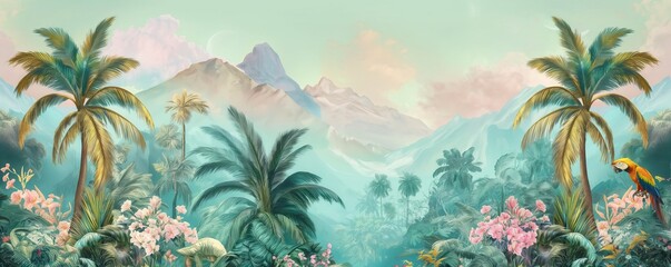 Vintage wallpaper of a tropical jungle with vivid macaws, curious foxes, and graceful palm trees in pastel shades, highlighting an enchanting rainforest with vibrant flowers and distant peaks. 