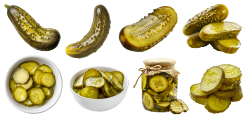 Pickles, Pickled gherkins, Preserved Marinated cucumbers vegetable, many angles and view front pile slice isolated on transparent cutout, PNG file. Mockup template for artwork graphic design