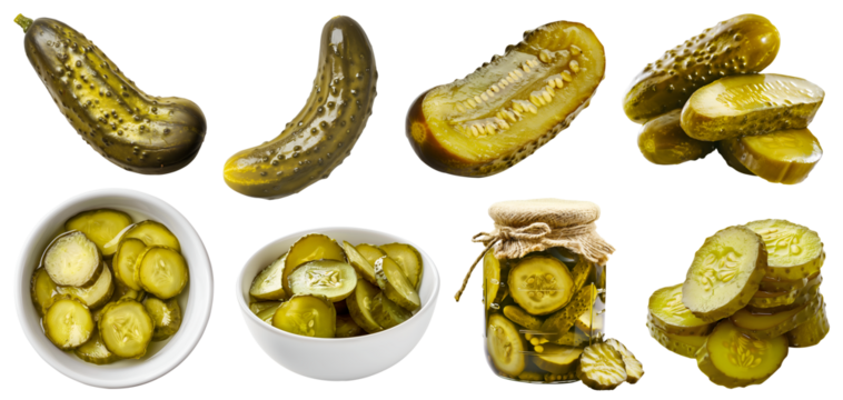 Pickles, Pickled gherkins, Preserved Marinated cucumbers vegetable, many angles and view front pile slice isolated on transparent cutout, PNG file. Mockup template for artwork graphic design