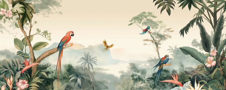 Vintage wallpaper of a tropical woodland with vibrant parrots, ancient trees and distant horizons in pastel shades. mural art style. 
