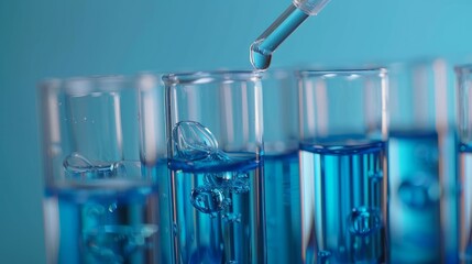 Laboratory glassware concept with test tubes containing blue liquid water samples and a pipette showcasing a pipette dropping a sample into a test tube against a blue background