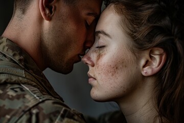 Obraz premium A soldier in military uniform gently kisses his wife's forehead against a neutral backdrop