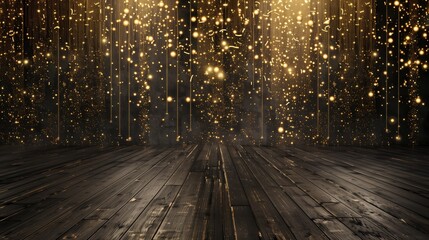 empty space with a dark wood floor and a wall with a chic black and gold New Year's Eve party theme, glowing array of shimmering golden lights arranged beautifully against a black background