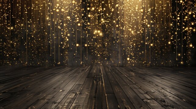 empty space with a dark wood floor and a wall with a chic black and gold New Year's Eve party theme, glowing array of shimmering golden lights arranged beautifully against a black background