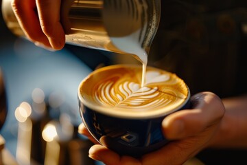 A barista pours steamed milk into a cup of espresso, creating intricate latte art