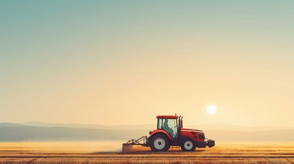 Fototapeta premium Tractor in Field at Sunrise