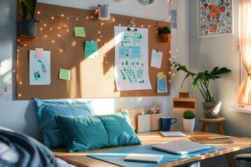 A dorm room with a corkboard, string lights, and colorful sticky notes is set up for studying. A laptop and notebooks are on the desk