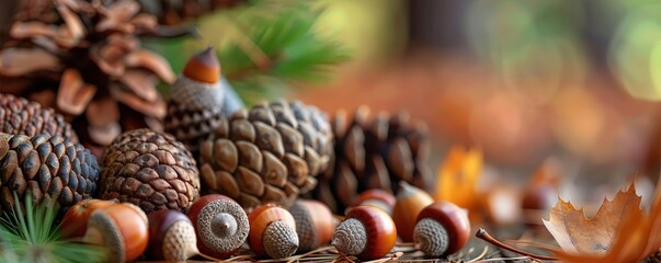 Autumnal nature still life with pinecones, acorns, and leaves in a forest setting, showcasing the beauty of fall season's natural elements.