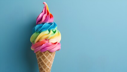 rainbow ice cream in a cone on a blue background, in the style of copy space concept