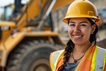 A smiling young woman wearing a hard hat and safety vest stands in front of a large yellow construction vehicle, her confident expression highlighting her role as an apprentice operator