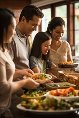Family gathers around table in cozy kitchen with fresh vegetables. Mother, father, and two children serve themselves with smiles. Natural light fills room through window showing outdoor view.