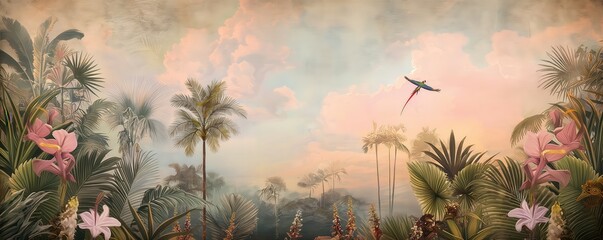 Vintage wallpaper of an exotic forest with parrots and orchids, tall palms and sunset skies in pastel colors. mural art style. 