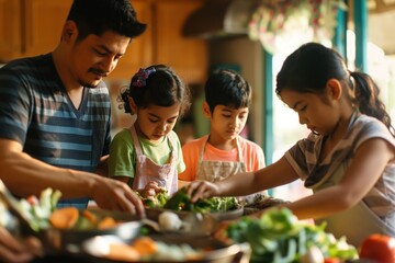 Family of four prepares meal together in cozy kitchen. Father chops vegetables on counter, mother assists beside him. Children participate from floor, surrounded by ingredients and utensils.
