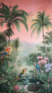 Vintage wallpaper of an exotic forest with parrots and orchids, tall palms and sunset skies in pastel colors. mural art style. 