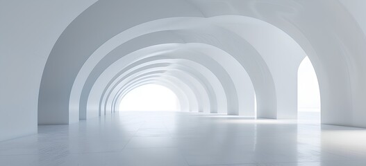 Abstract white tunnel, arches and light in the center of an empty room, 3d rendering. Minimalist architecture interior design with copy space