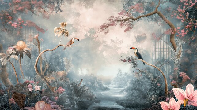 Fototapeta Vintage wallpaper of an exotic forest with toucans, blooming orchids and hidden streams in pastel tones. mural art style. 