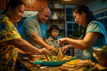 Family of four prepares meal together in cozy kitchen. Father holds blue bowl, mother yellow, son green and daughter blue. Kitchenware and appliances fill space with sink, stove and refrigerator.