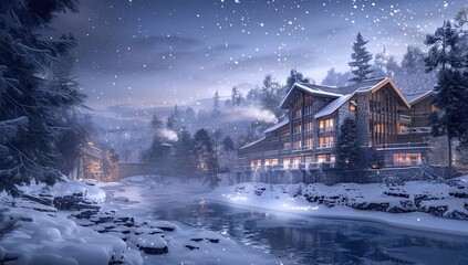 Fototapeta premium Snowfall Over a Cozy Winter Lodge