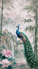 Vintage wallpaper of an exotic jungle with peacocks, bamboo groves and tropical rains in soft pastel colors. mural art style. 