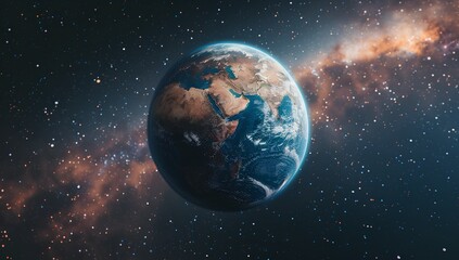 A realistic photo of Earth in space, centered and zoomed out, with stars behind it. The planet is in focus against an abstract background that suggests vastness and cosmic beauty