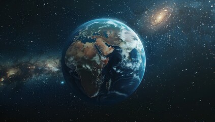 Obraz premium cinematic shot of the earth floating in space, there is an alien on top holding onto it, black background, galaxy around the planet, movie scene