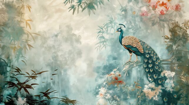 Fototapeta Vintage wallpaper of an exotic jungle with peacocks, bamboo groves and tropical rains in soft pastel colors. mural art style. 