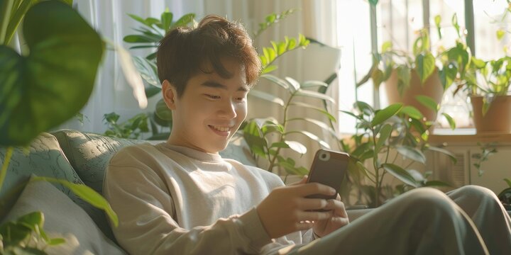 a smiling handsome asian young man using smartphone in sofa on his sunlight room